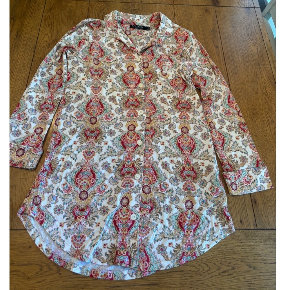 Lauren Ralph Lauren Sleepshirt Women S Red Paisley Excellent Button Down Crest